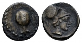 Pamphilia, Side Obol circa 460-430, AR 8mm., 0.69g. Pomegranate. Rev. Helmeted head of Athena r., within incuse square. Babelon XXIV, 2. SNG von Auloc...