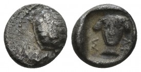 Cilicia, Mallos Obol circa 440-390, AR 8mm., 0.70g. Turtle. Rev. Head of female (?) facing; all within incuse square. Casabonne –. SNG France –. cf. S...