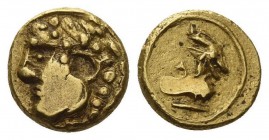 Cyprus, King Evagoras I, 411 – 373. 1/10 stater circa 411-373, AV 9mm., 1.02g. Head of Heracles l., wearing lion-skin headdress. Rev. Forepart of goat...