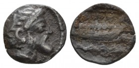 Phoenicia, Uncertain king, 380-350 Aradus Obol circa 380-350, AR 8mm., 0.71g. Laureate and bearded head of Ba'al-Arwad r. Rev. Galley to r. with waves...