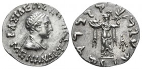 Bactria, Menander I Soter 155-130. Drachm circa 155-130, AR 18mm., 2.40g. Diademed and draped bust r.. Rev. Athena Alkidemos advancing l.; holding shi...