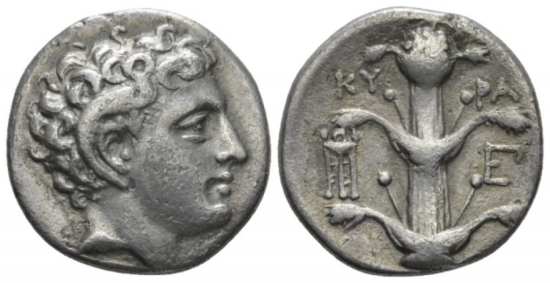 Cyrenaica, Cyrene Didrachm circa 305-300, AR 22mm., 7.40g. Head of Apollo Carnei...