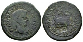 Hispania, Saguntum Tiberius, 14-37 As circa 14-37, Æ 28.2mm., 12.06g. Bare head r. Rev. Galley r.; countermark, DD within rectangular incuse. Duoviri:...