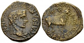 Hispania, Turiaso Tiberius, 14-37 As circa 14-37, Æ 27.6mm., 13.04g. Laureate head r. Rev. Bull standing r., head facing. Duoviri: M Pont Marsus and C...