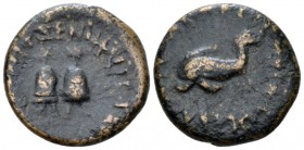 Sicily, Tyndaris M. Vips Dos. Bronze circa 44-36, Æ 21.8mm., 8.20g. Pilei of the Dioscuri. Rev. Dolphin r. P. Villemur, "De quelques émissions colonia...