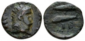 Epirus, Buthrotum Nero, 54-68 Bronze circa 54-68, Æ 15.5mm., 2.96g. NEPO CAESAR AVG Radiate head r. Rev. C C I B Two fishes. RPC 1416.

Extremely ra...