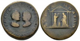 Lesbos, Mytilene Elagabalus, 218-222 Bronze circa 220, Æ 24mm., 14.72g. Confronted bust of Elagabalus and Aquilia Severa. Rev. Tetrastyle temple; in c...