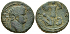 Judaea, Caesarea Maritima Titus Caesar, 69-79 Bronze circa 69-79, Æ 24.5mm., 13.62g. Laureate head r. Rev. Trophy; at feet l., bound captive and to r....