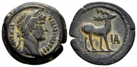 Egypt, Alexandria Hadrian, 117-138 Obol circa 126-127 (year 11), Æ 20mm., 4.73g. Laureate bust r., drapery on l. shoulder. Rev. Stag standing right; I...