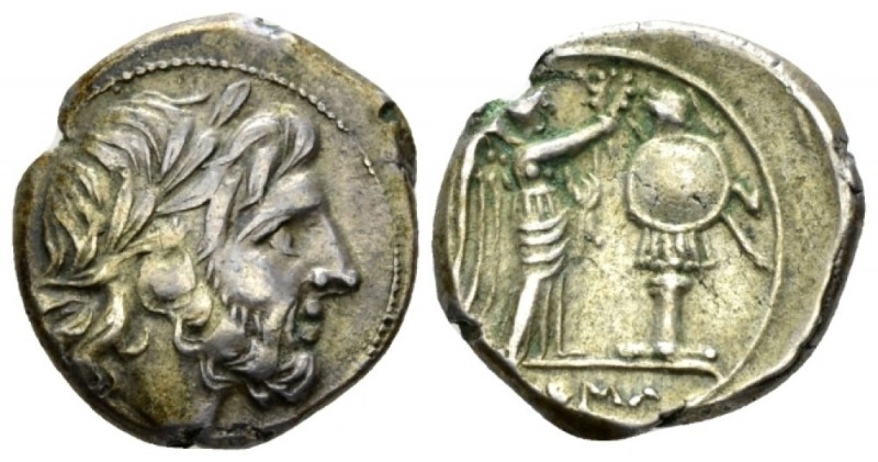 Victoriatus Sicily (?) circa 211-208, AR 16.5mm., 3.24g. Laureate head of Jupite...