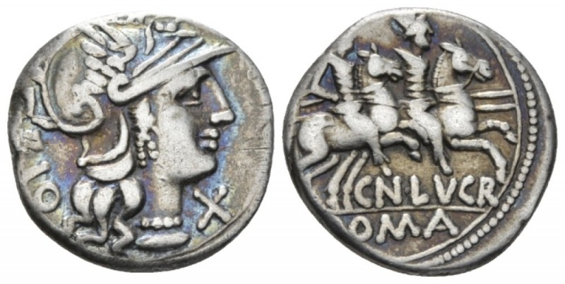 Cn. Lucretius Trio. Denarius circa 136, AR 17.8mm., 3.90g. Helmeted head of Roma...