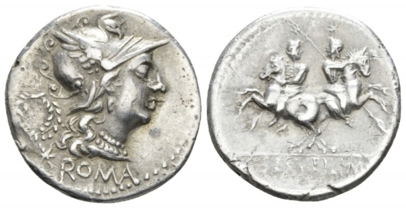 C. Serveilius M. f. Denarius circa 136, AR 20.5mm., 3.73g. Helmeted head of Roma...