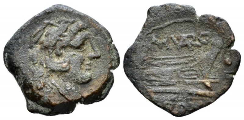 M. Vargunteius Quadrans circa 130, Æ 18.5mm., 3.52g. Head of Hercules r. wearing...