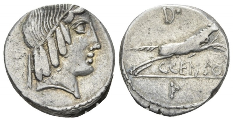 C. Marcius Censorinus Denarius circa 88, AR 16mm., 4.03g. Diademed head of Apoll...