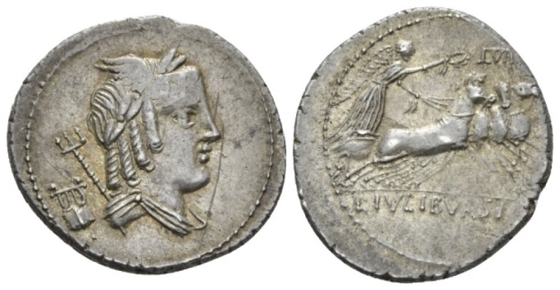 L. Iulius Bursio. Denarius circa 85, AR 20.5mm., 3.85g. Male head r., with the a...