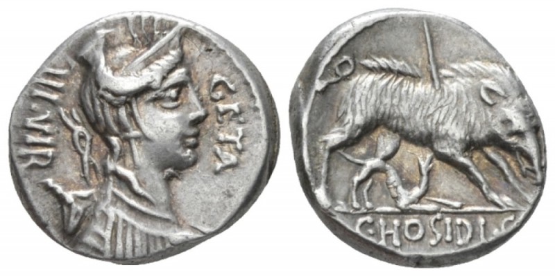 C. Hosidius C.f. Geta. Denarius circa 68, AR 16.9mm., 4.01g. III·VIR – GETA Diad...