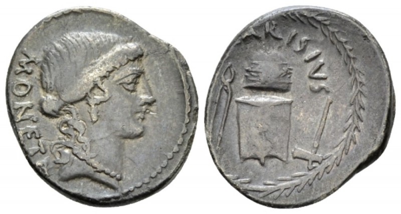 T. Carisius. Denarius circa 46, AR 17.9mm., 3.46g. MONETA Head of Iuno Moneta r....