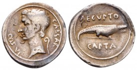 Octavian, 32 – 27 BC Denarius circa 28 BC, AR 20mm., 3.73g. Bare head l.; in r. field, lituus. Rev. Crocodile r. C 3. RIC 275b. Very rare. Banker's ma...