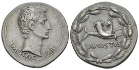 Octavian as Augustus, 27 BC – 14 AD Cistophoric tetradrachm Ephesus (?) circa 25 BC, AR 26mm., 11.79g. Bare head r. Rev. Cornucopiae set on capricorn'...