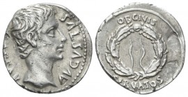 Octavian as Augustus, 27 BC – 14 AD Denarius Colonia Patricia (?) circa 19 BC, AR 19mm., 3.82g. Bare head r. Rev. Oak wreath with two ties at centre; ...