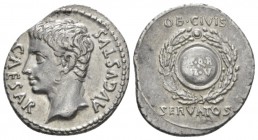 Octavian as Augustus, 27 BC – 14 AD Denarius Colonia Patricia (?) circa 19 BC, AR 20mm., 3.81g. Bare head l. Rev. Inscribed shield and wreath; above O...