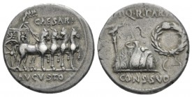 Octavian as Augustus, 27 BC – 14 AD Denarius Colonia Patricia circa 19-18, AR 20mm., 3.87g. Toga picta over tunica palmata between aquila, on l., and ...