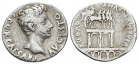 Octavian as Augustus, 27 BC – 14 AD Denarius Colonia Patricia (?) circa 18-17/16 BC, AR 19.5mm., 3.71g. Bare head r. Rev. Triumphal arch on viaduct, s...