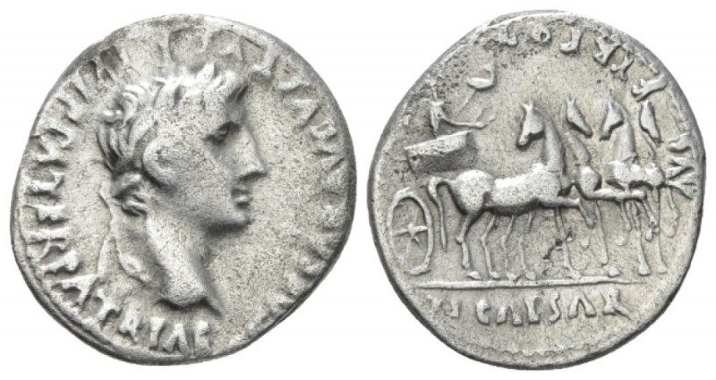 Octavian as Augustus, 27 BC – 14 AD Denarius Lugdunum circa 13-14, AR 18mm., 3.5...