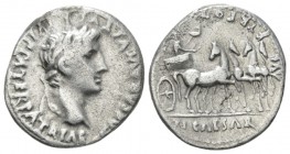 Octavian as Augustus, 27 BC – 14 AD Denarius Lugdunum circa 13-14, AR 18mm., 3.56g. Laureate head r. Rev. Tiberius in triumphal quadriga r., holding l...