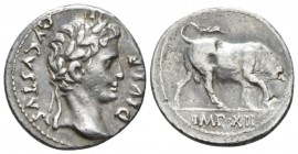 Octavian as Augustus, 27 BC – 14 AD Denarius Lugdunum circa 11-10, AR 20mm., 3.79g. Laureate head r. Rev. Bull butting r. C 155. RIC 187a.

Nicely t...