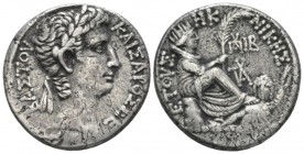Octavian as Augustus, 27 BC – 14 AD Tetradrachm Antioch circa 4-3 BC, AR 27mm., 13.57g. Laureate head r. Rev. Tyche seated r. on rocky outcropping, ho...