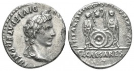 Octavian as Augustus, 27 BC – 14 AD Denarius Lugdunum circa 2 BC-4 AD, AR 19mm., 3.64g. Laureate head r. Rev. Caius and Lucius standing facing and res...