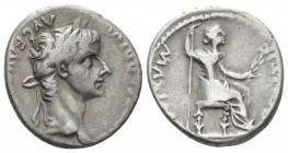 Tiberius, 14-37 Denarius Lugdunum circa 14-37, AR 19mm., 3.46g. Laureate head r. Rev. Draped female figure (Livia as Pax) seated r. on chair with orna...