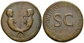 In the name of Drusus, son of Tiberius Sestertius circa 22-23, Æ 34mm., 27.93g. Confronted heads of two little boys on crossed cornucopiae with caduce...
