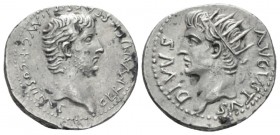 Germanicus, father of Gaius Drachm Caesarea (Cappadociae) circa 37-38, AR 19mm., 3.38g. Bare head of Germanicus r. Rev. Radiate head of Augustus l. C ...
