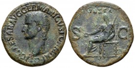 Gaius, 37-41 As circa 37-38, Æ 29mm., 9.69g. Bare head l. Rev. Vesta seated l. on ornamental throne, holding patera and sceptre. C 27. RIC 38.

Nice...