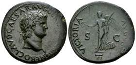 Nero, 54-68 Dupondius circa 62-68, Æ 31mm., 12.69g. Laureate bust r., with globe at point of neck. Rev. Victory advancing l., holding wreath and palm ...