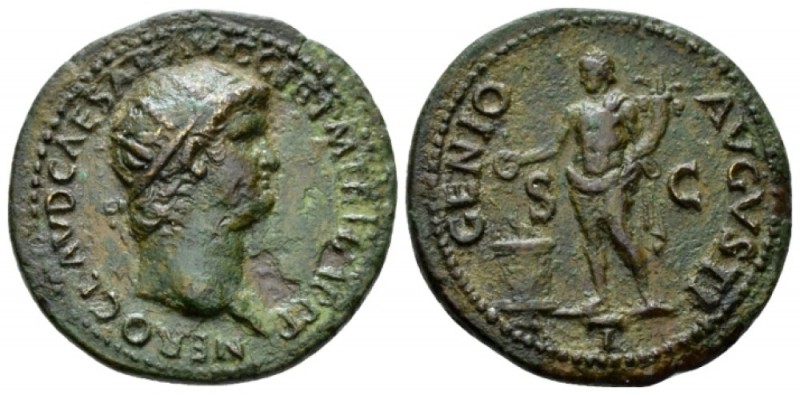 Nero, 54-68 As circa 64, Æ 26mm., 8.89g. Radiate head r. Rev. Genius standing fa...