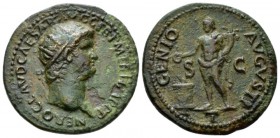 Nero, 54-68 As circa 64, Æ 26mm., 8.89g. Radiate head r. Rev. Genius standing facing, head l., sacrificing out of patera over altar. C 108. RIC 215.
...
