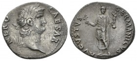 Nero, 54-68 Denarius circa 64-65, AR 18mm., 3.14g. Laureate head r. Rev. Nero, radiate and togate, standing facing holding branch and Victory on globe...