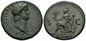Nero, 54-68 Sestertius circa 65, Æ 36mm., 26.74g. Laureate bust r., with aegis. Rev. Roma seated l. on cuirass, holding Victory and parazonium. C 261 ...
