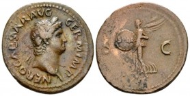 Nero, 54-68 As circa 65, Æ 29mm., 9.58g. Laureate head r. Rev. Victory flying l., holding inscribed shield. C 288. RIC 204.

Light brown tone, Very ...