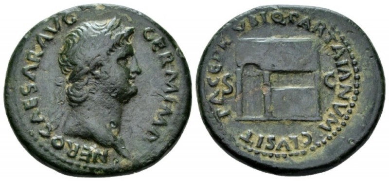 Nero, 54-68 As circa 65, Æ 29mm., 11.34g. Laureate head r. Rev. View of one fron...