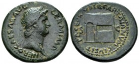Nero, 54-68 As circa 65, Æ 29mm., 11.34g. Laureate head r. Rev. View of one front of the temple of Janus with window and garland hung across double do...