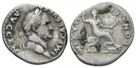 Vespasian, 69-79 Denarius circa 73, AR 19.5mm., 3.25g. Laureate head r. Rev. Vespasian seated r. on curule chair, with feet on footstool, holding scep...