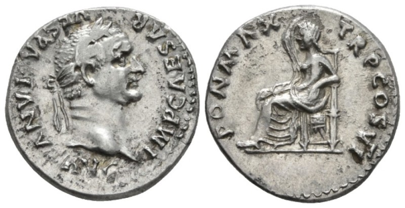 Vespasian, 69-79 Denarius circa 75, AR 18mm., 3.21g. Laureate head r. Rev. Secur...