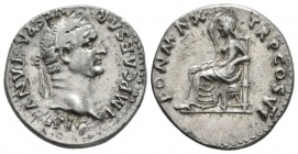 Vespasian, 69-79 Denarius circa 75, AR 18mm., 3.21g. Laureate head r. Rev. Securitas seated l., head resting on raised arm. C 367. RIC 774.

About E...