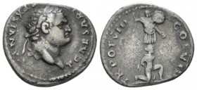 Titus Caesar, 69-79 Denarius circa 79, AR 17mm., 3.09g. Laureate head r. Rev. Trophy; below, captive kneeling r. C 334. RIC Vespasian 1076.

Rare, n...