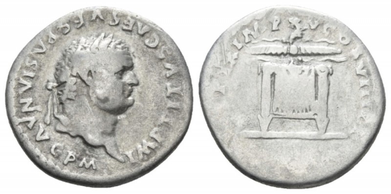 Titus, 79-81 Denarius circa 80, AR 18mm., 2.83g. Laureate head r. Rev. Square se...