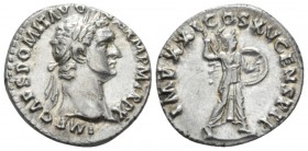 Domitian, 81-96 Denarius circa 90-91, AR 18mm., 3.62g. Laureate head r. Rev. Minerva standing r., on capital of rostral column, holding shield and spe...